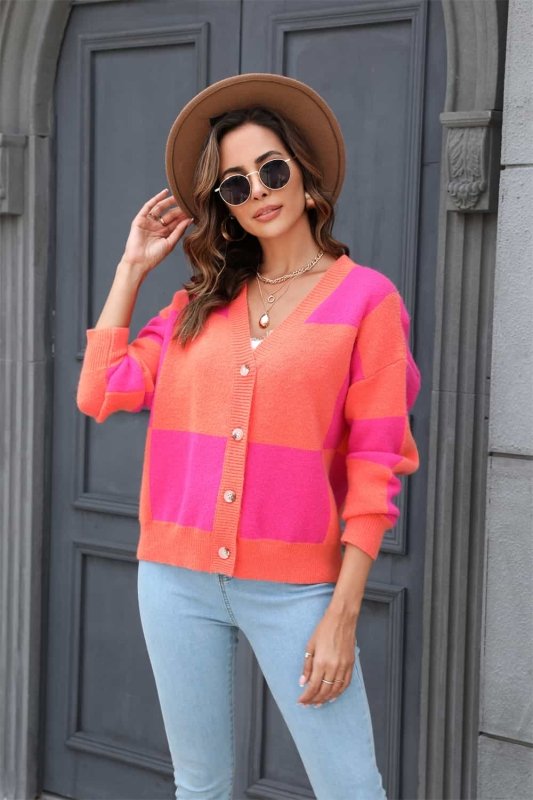 Angel Wings Plaid V - Neck Dropped Shoulder Cardigan - ShalayeFashion