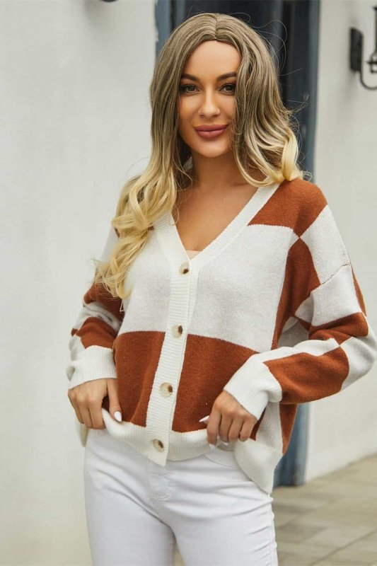 Angel Wings Plaid V - Neck Dropped Shoulder Cardigan - ShalayeFashion
