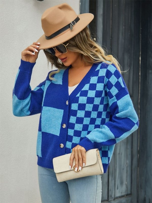 Angel Wings Plaid V - Neck Dropped Shoulder Cardigan - ShalayeFashion