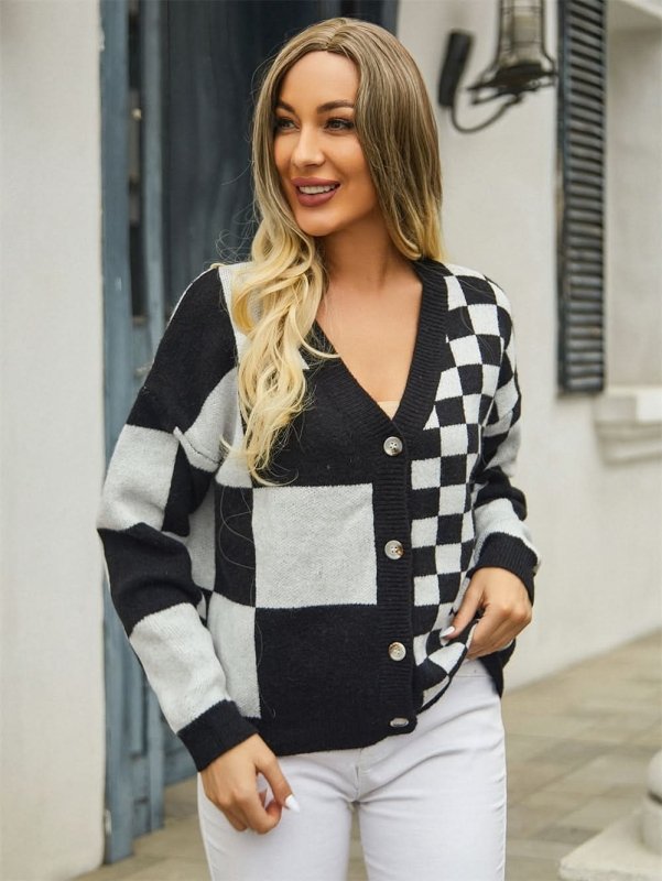 Angel Wings Plaid V - Neck Dropped Shoulder Cardigan - ShalayeFashion