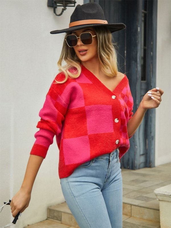 Angel Wings Plaid V - Neck Dropped Shoulder Cardigan - ShalayeFashion