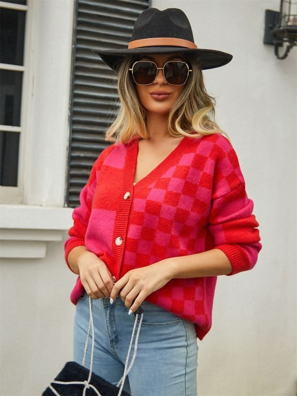 Angel Wings Plaid V - Neck Dropped Shoulder Cardigan - ShalayeFashion