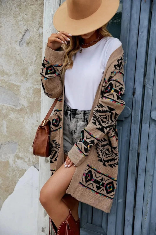 Angel Wings Pocketed Geometric Open Front Dropped Shoulder Cardigan - ShalayeFashion