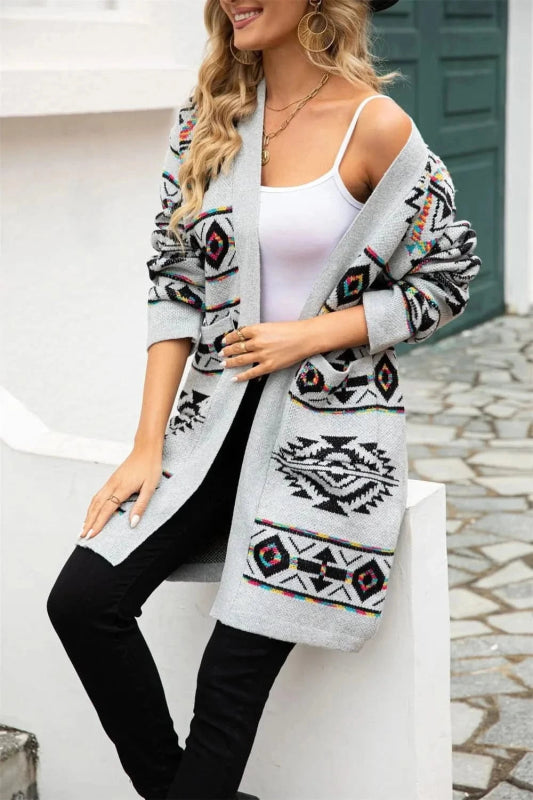 Angel Wings Pocketed Geometric Open Front Dropped Shoulder Cardigan - ShalayeFashion