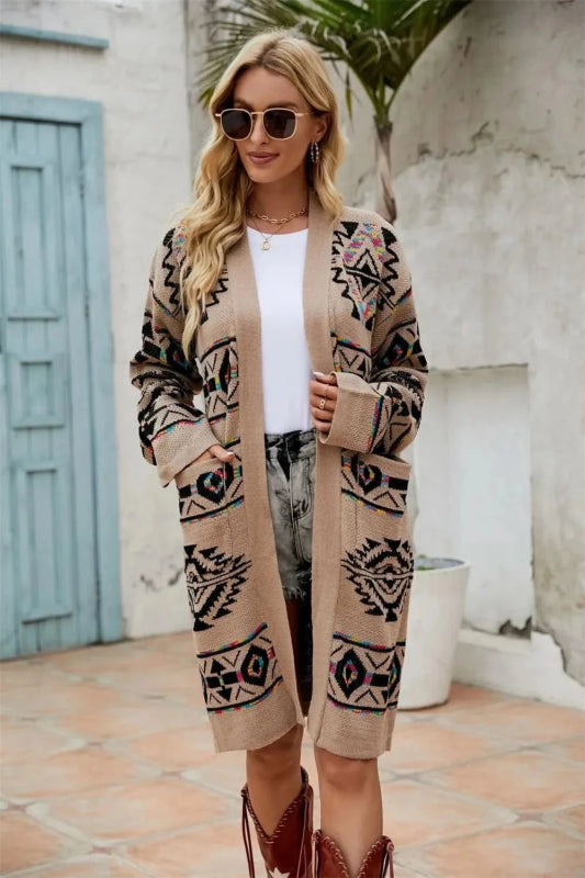 Angel Wings Pocketed Geometric Open Front Dropped Shoulder Cardigan - ShalayeFashion