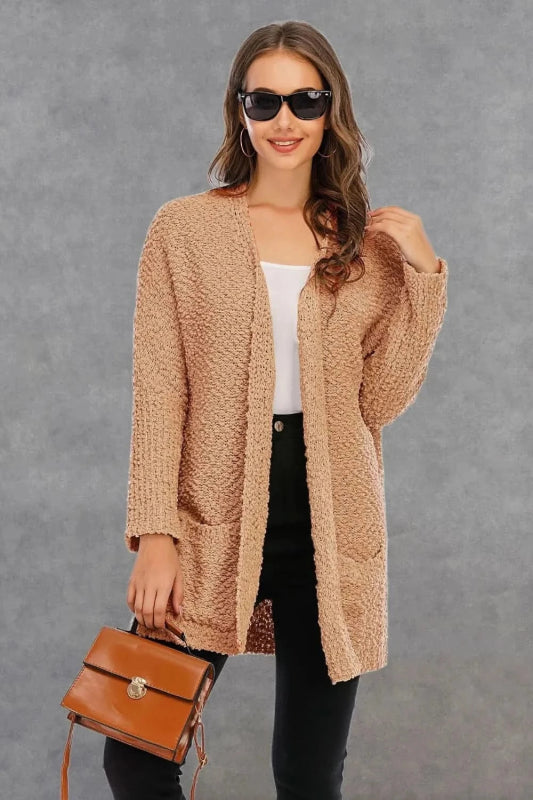 Angel Wings Pocketed Open Front Long Sleeve Cardigan - ShalayeFashion