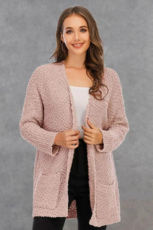 Angel Wings Pocketed Open Front Long Sleeve Cardigan - ShalayeFashion
