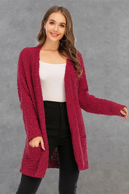 Angel Wings Pocketed Open Front Long Sleeve Cardigan - ShalayeFashion