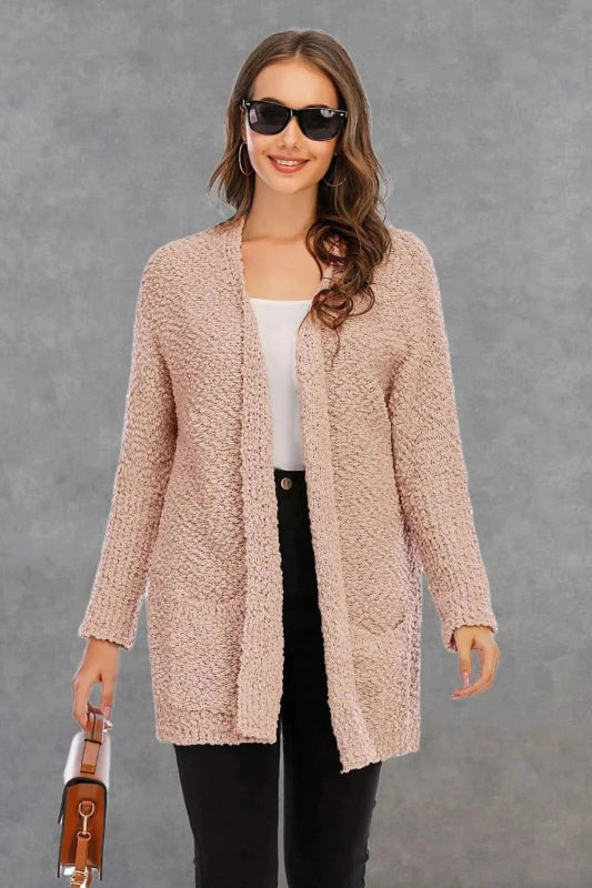 Angel Wings Pocketed Open Front Long Sleeve Cardigan - ShalayeFashion