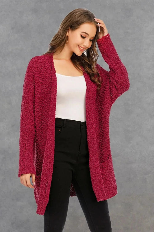 Angel Wings Pocketed Open Front Long Sleeve Cardigan - ShalayeFashion