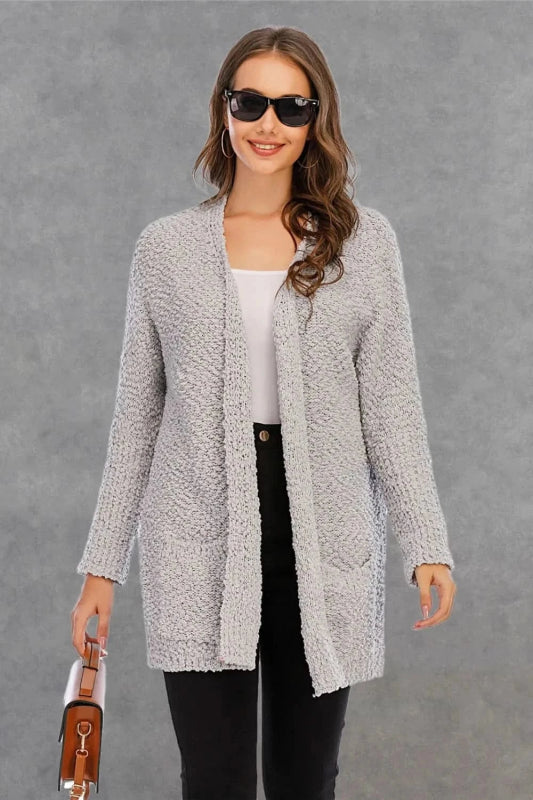 Angel Wings Pocketed Open Front Long Sleeve Cardigan - ShalayeFashion