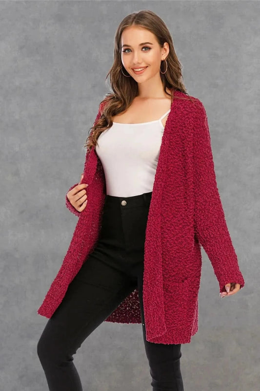 Angel Wings Pocketed Open Front Long Sleeve Cardigan - ShalayeFashion