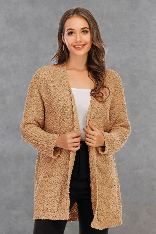 Angel Wings Pocketed Open Front Long Sleeve Cardigan - ShalayeFashion