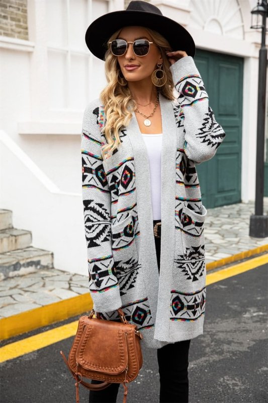 Angel Wings Printed Long Sleeve Cardigan with Pocket - ShalayeFashion