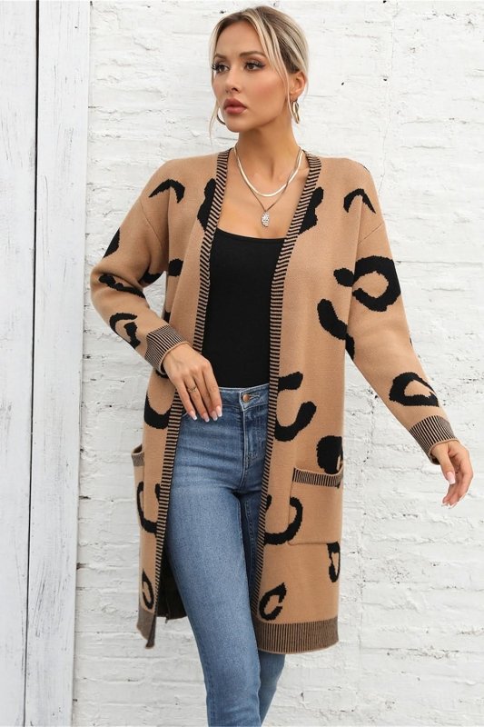 Angel Wings Printed Long Sleeve Cardigan with Pockets - ShalayeFashion