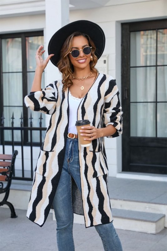 Angel Wings Printed Open Front Pocketed Cardigan - ShalayeFashion