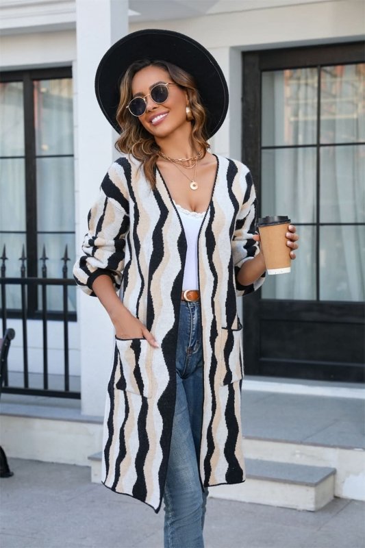 Angel Wings Printed Open Front Pocketed Cardigan - ShalayeFashion