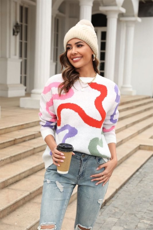 Angel Wings Printed Round Neck Dropped Shoulder Pullover Sweater - ShalayeFashion