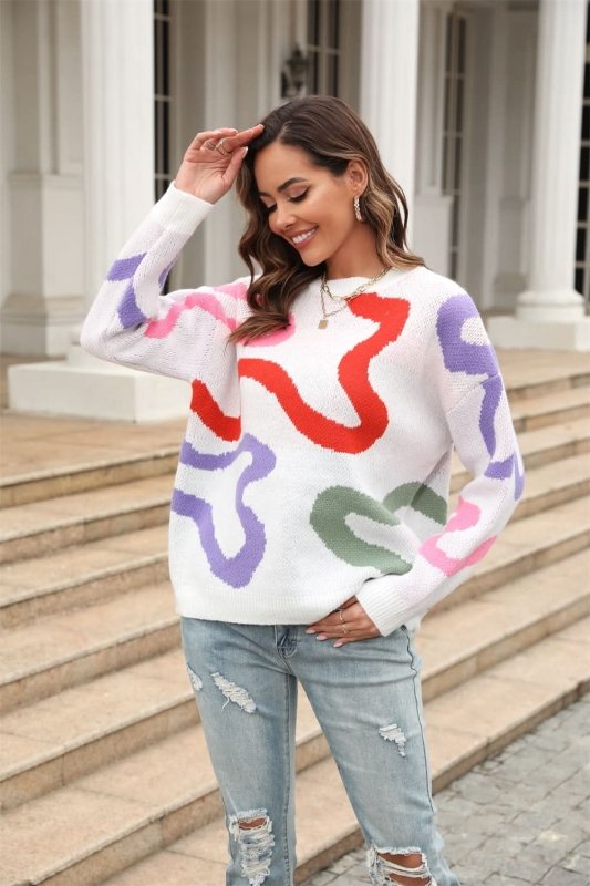 Angel Wings Printed Round Neck Dropped Shoulder Pullover Sweater - ShalayeFashion