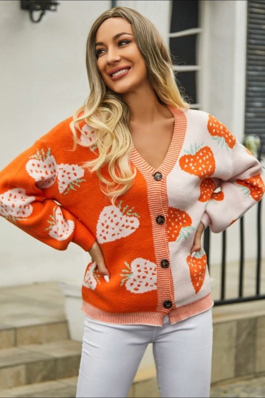 Angel Wings Printed V - Neck Button - Down Long Sleeve Cardigan - ShalayeFashion