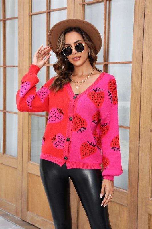 Angel Wings Printed V - Neck Button - Down Long Sleeve Cardigan - ShalayeFashion
