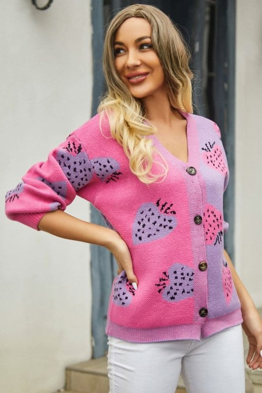 Angel Wings Printed V - Neck Button - Down Long Sleeve Cardigan - ShalayeFashion