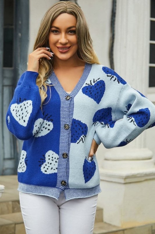 Angel Wings Printed V - Neck Button - Down Long Sleeve Cardigan - ShalayeFashion