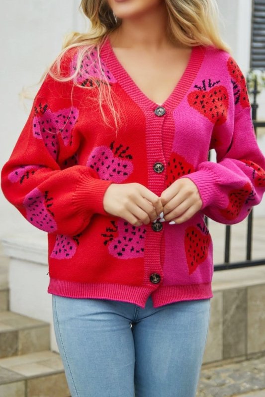 Angel Wings Printed V - Neck Button - Down Long Sleeve Cardigan - ShalayeFashion