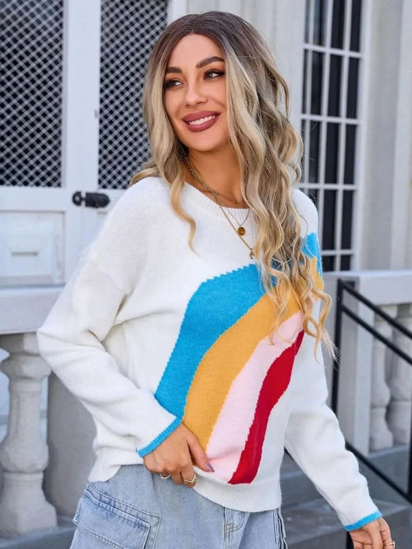 Angel Wings Rainbow Round Neck Long Sleeve Sweater - ShalayeFashion