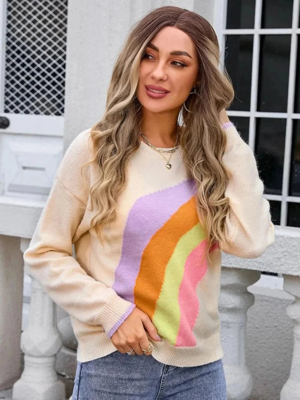 Angel Wings Rainbow Round Neck Long Sleeve Sweater - ShalayeFashion