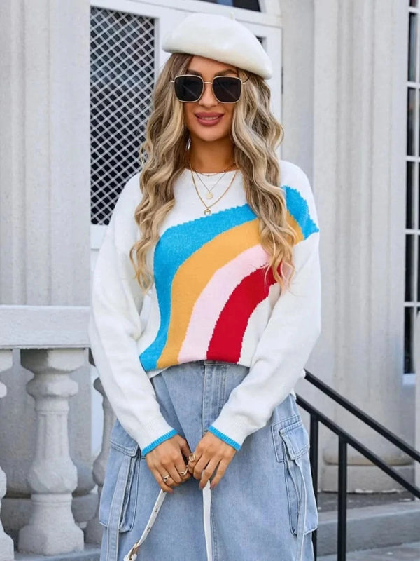 Angel Wings Rainbow Round Neck Long Sleeve Sweater - ShalayeFashion