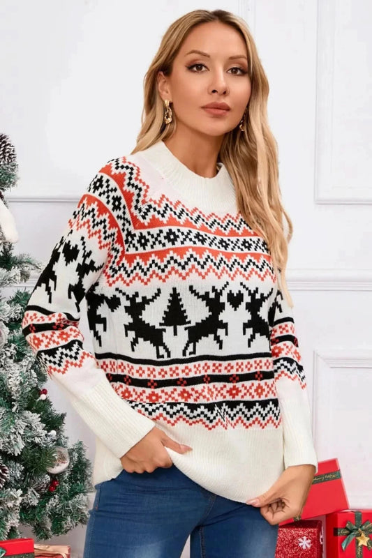 Angel Wings Reindeer Round Neck Long Sleeve Sweater - ShalayeFashion