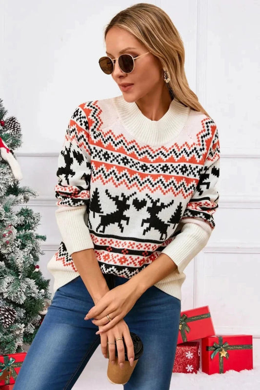 Angel Wings Reindeer Round Neck Long Sleeve Sweater - ShalayeFashion