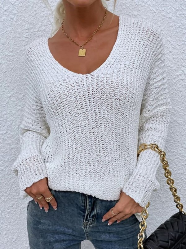 Angel Wings Rib - Knit V - Neck Tunic Sweater - ShalayeFashion
