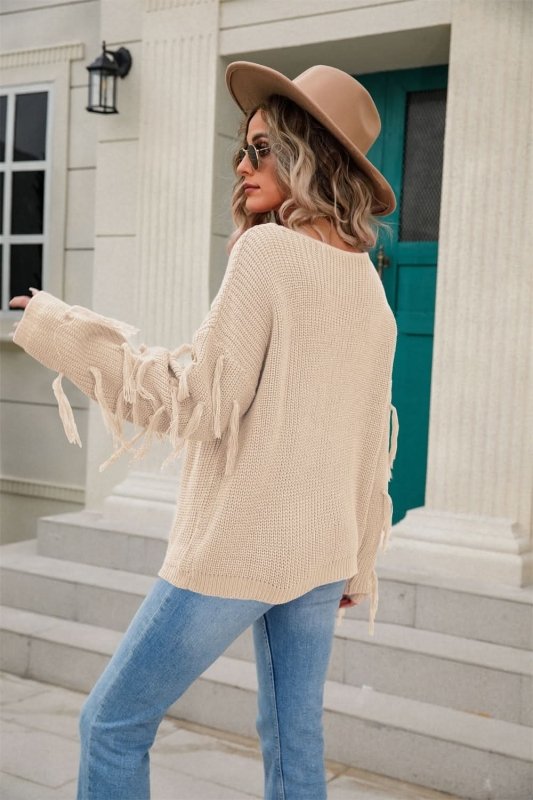 Angel Wings Ribbed Round Neck Fringe Detail Sweater - ShalayeFashion