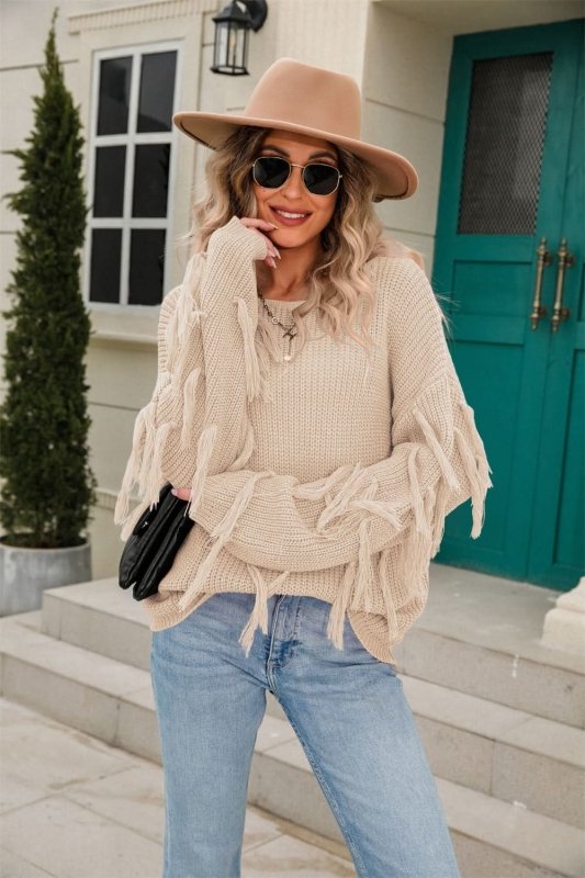 Angel Wings Ribbed Round Neck Fringe Detail Sweater - ShalayeFashion