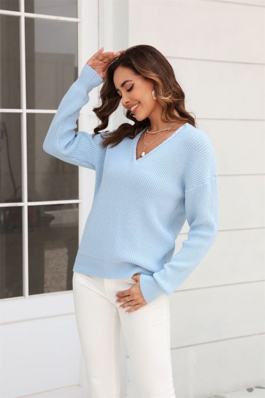 Angel Wings Ribbed V - Neck Dropped Shoulder Knit Top - ShalayeFashion