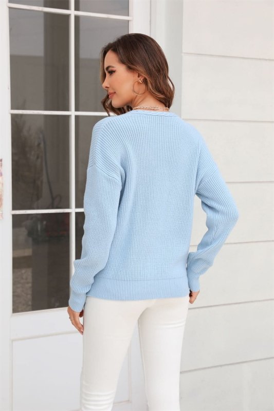 Angel Wings Ribbed V - Neck Dropped Shoulder Knit Top - ShalayeFashion