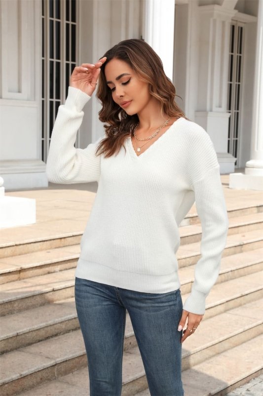 Angel Wings Ribbed V - Neck Dropped Shoulder Knit Top - ShalayeFashion