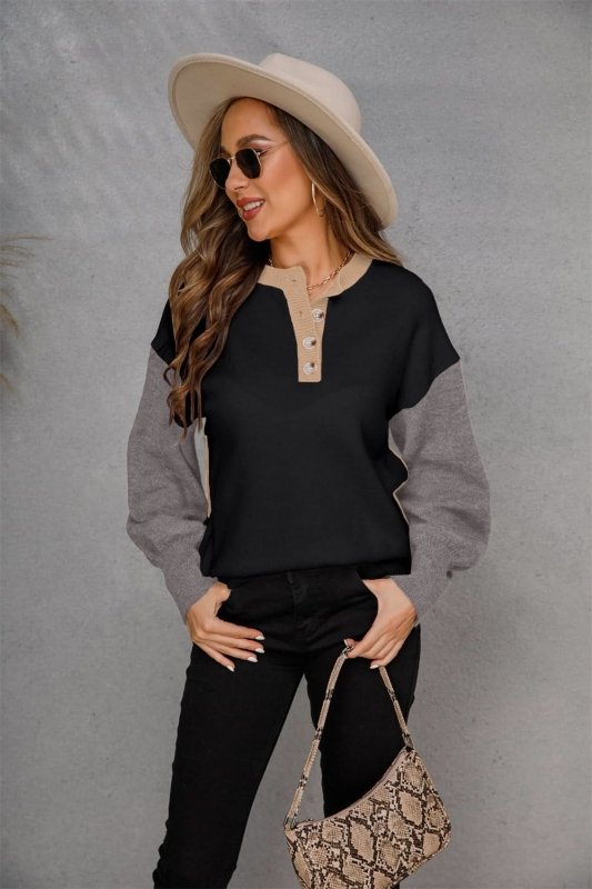 Angel Wings Round Neck Buttoned Knit Top - ShalayeFashion