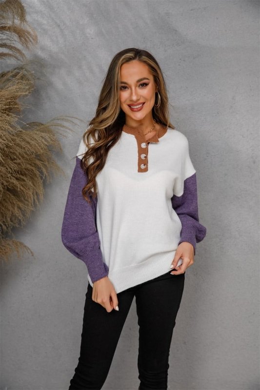 Angel Wings Round Neck Buttoned Knit Top - ShalayeFashion