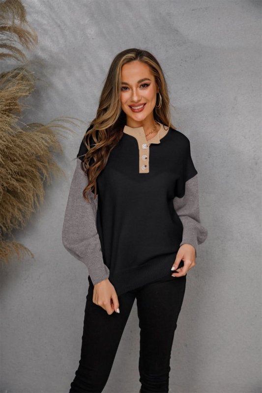Angel Wings Round Neck Buttoned Knit Top - ShalayeFashion