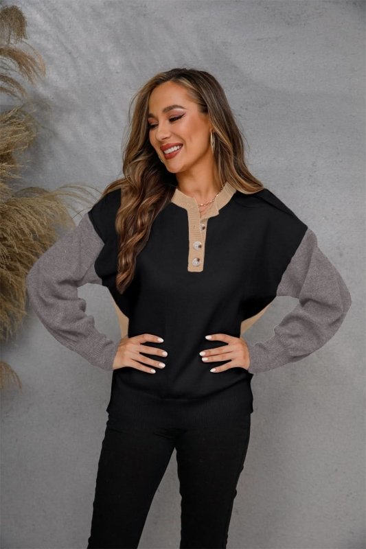 Angel Wings Round Neck Buttoned Knit Top - ShalayeFashion