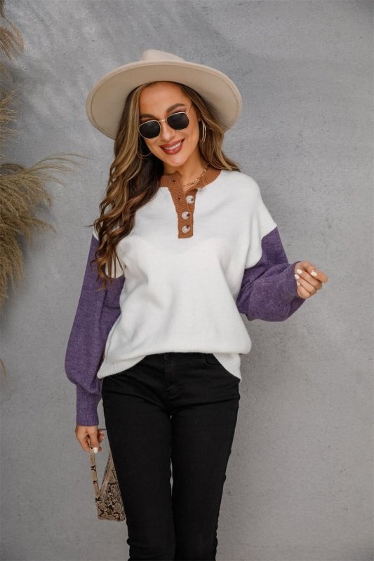 Angel Wings Round Neck Buttoned Knit Top - ShalayeFashion