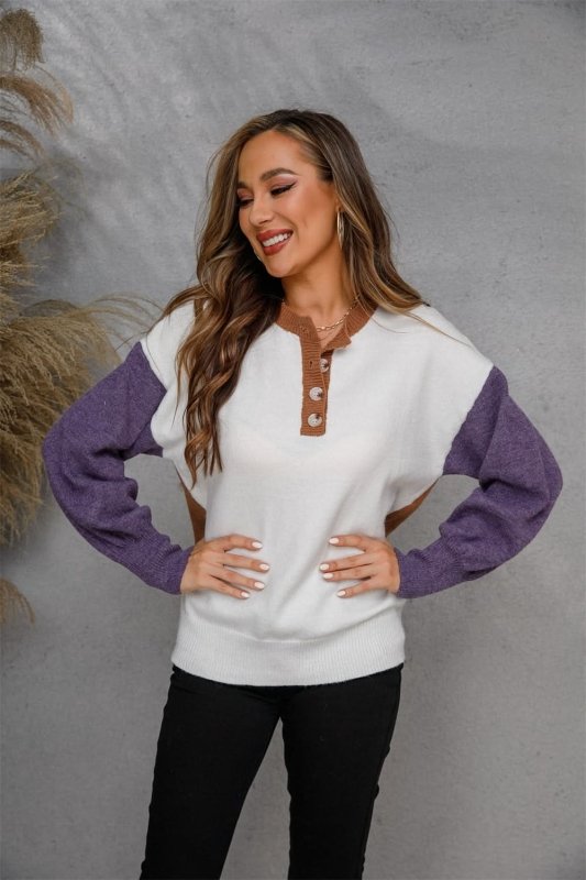 Angel Wings Round Neck Buttoned Knit Top - ShalayeFashion