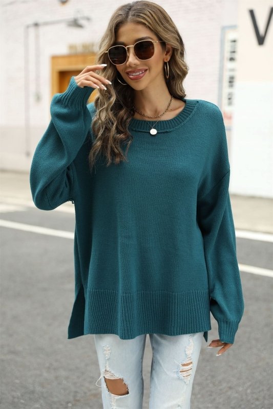 Angel Wings Round Neck Dropped Shoulder Slit Sweater - ShalayeFashion
