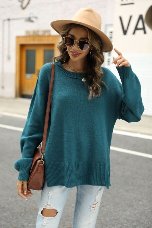 Angel Wings Round Neck Dropped Shoulder Slit Sweater - ShalayeFashion