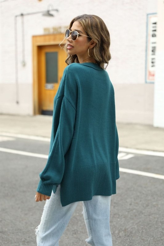 Angel Wings Round Neck Dropped Shoulder Slit Sweater - ShalayeFashion