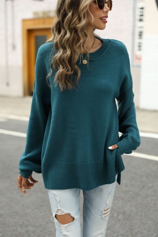 Angel Wings Round Neck Dropped Shoulder Slit Sweater - ShalayeFashion