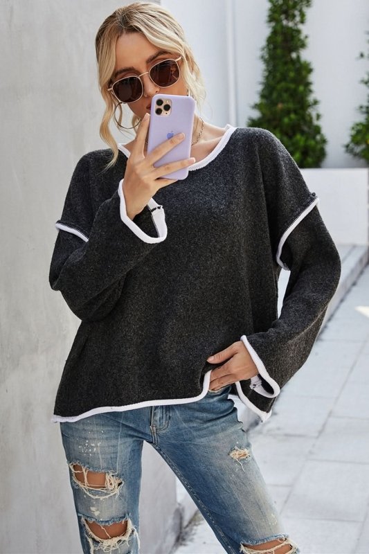 Angel Wings Round Neck Dropped Shoulder Sweater - ShalayeFashion